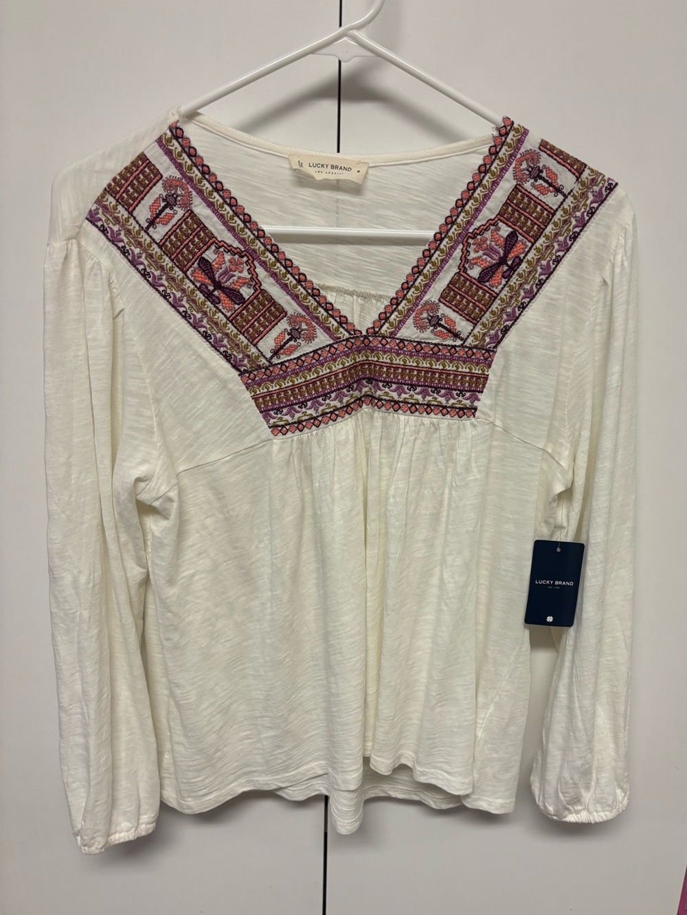 Lucky Brand Cream Boho Embroidered V-Neck Tunic